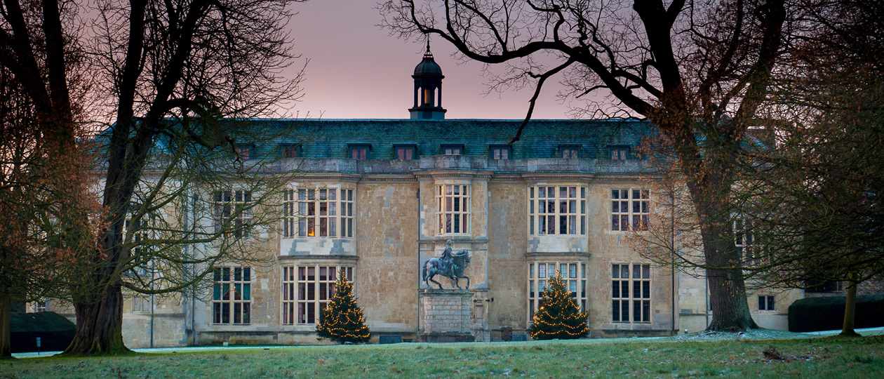 Front facade of Hartwell House with Christmas trees  Front facade of Hartwell House with Christmas trees